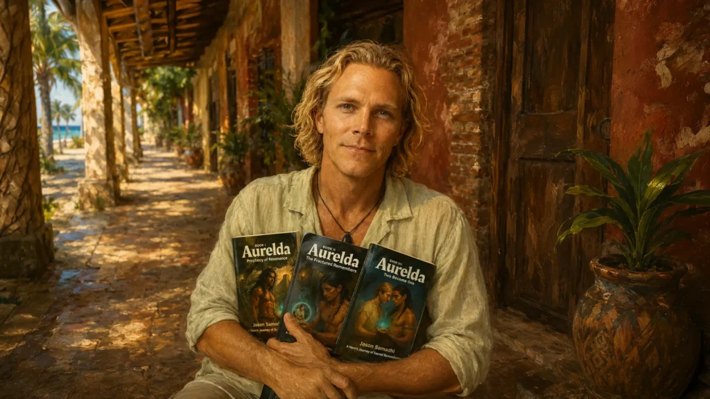 Jason Samadhi with The Aurelda Chronicles, his queer Maya-inspired fantasy trilogy born from life in Mexico. (Queer Fantasy Books With a Gay Hero: Why Aurelda Begins With His Parents (Ah'Chaan and Ix'Quil))
