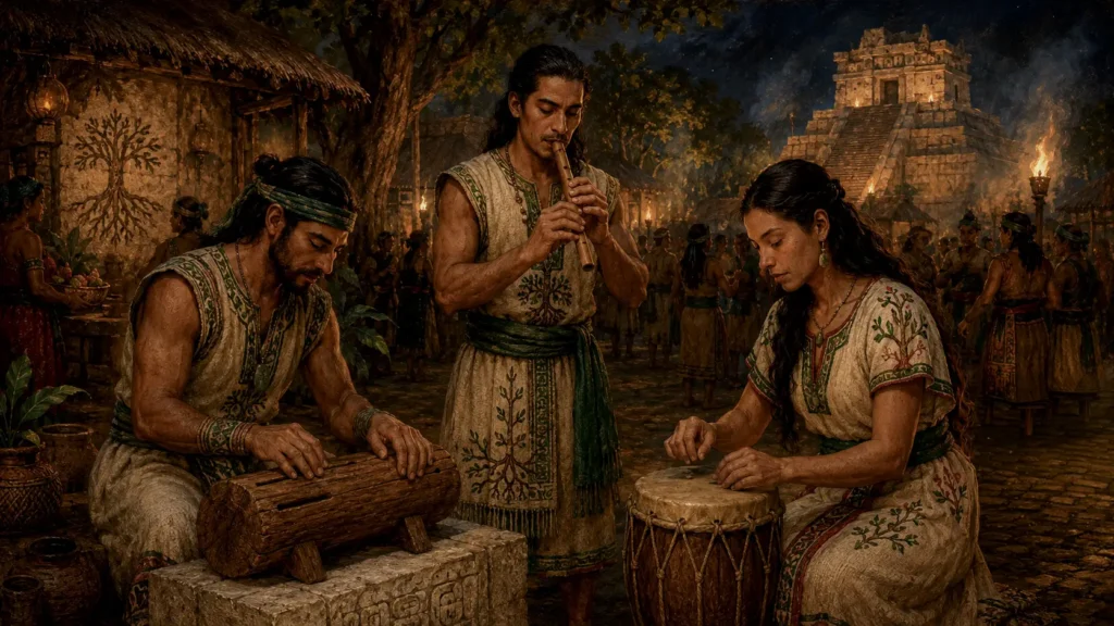 Solaran musicians perform at the harvest festival in Aurelda’s Maya-inspired Golden Age. (Queer Fantasy Books With a Gay Hero: Why Aurelda Begins With His Parents (Ah'Chaan and Ix'Quil))