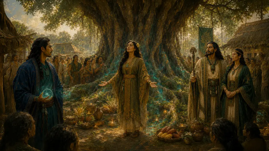 Ix’Quil sings beneath Solara’s Ceiba as Ah’Chaan watches, opening Aurelda’s Maya-inspired fantasy world. (Queer Fantasy Books With a Gay Hero: Why Aurelda Begins With His Parents (Ah'Chaan and Ix'Quil))