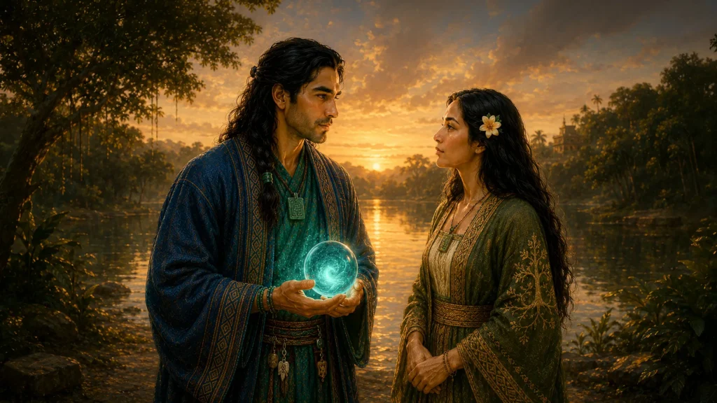 Ah’Chaan and Ix’Quil debate resonance beside a Solara lagoon, shaping the world Mo’an will inherit. (Queer Fantasy Books With a Gay Hero: Why Aurelda Begins With His Parents (Ah'Chaan and Ix'Quil))