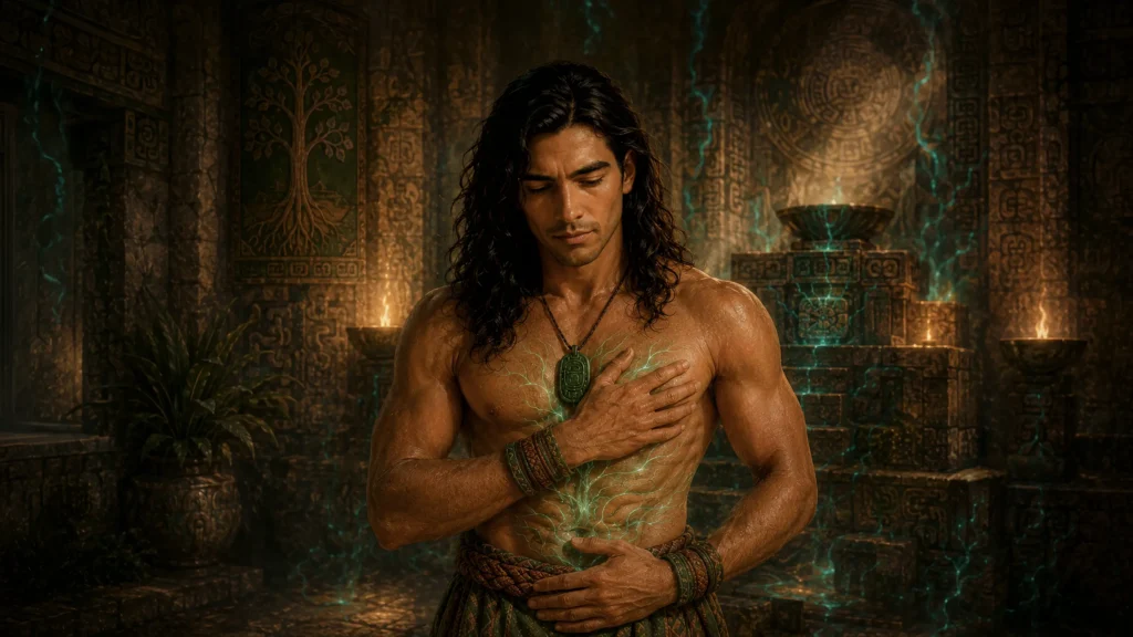 Mo’an in Solara Temple as Lumina threads gather around him, symbolizing sacred remembrance, healing, and wholeness. (Why Do Gay Men Feel So Lonely)